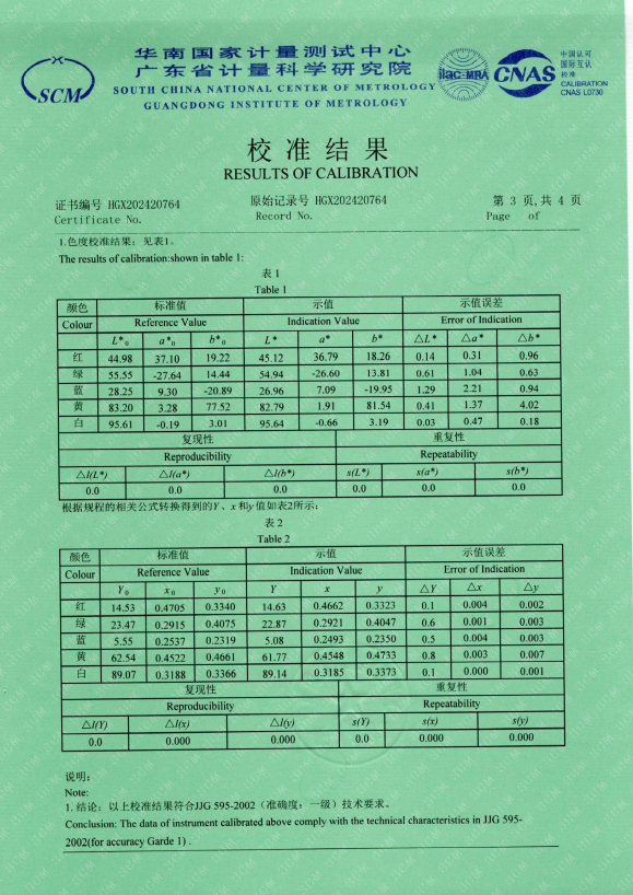 NR110 色差儀一級計量證書3